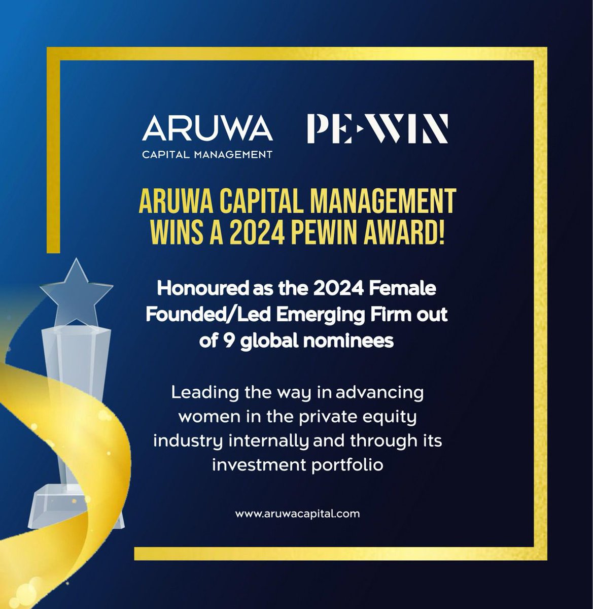 AruwaCapital's tweet photo. We are proud to announce that @AruwaCapital has won the PEWIN 2024 Female-Founded/Led Emerging Manager Award!✨
This award is given annually to an outstanding firm nominated by
PEWIN members, the PEWIN Council and Chapter leadership.
#aruwacapital #pewin #femalefounders https://t.co/Ck9pXAiO1m