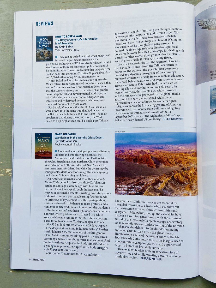 ShafikMeghji's tweet image. In the new @GeographicalMag, I review Mars on Earth by @MarkOnTheMap, an insightful &amp;amp; engaging exploration of the Atacama, the world’s driest non-polar desert. 

From ghost towns to observatories, mystics to miners, he shows this inhospitable region is ‘anything but lifeless’.