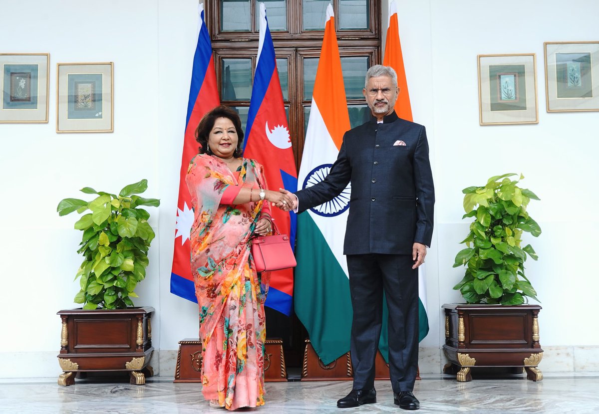 Arzuranadeuba's tweet photo. Had a productive meeting with @DrSJaishankar in New Delhi. We discussed bilateral interests, various aspects of Nepal-India relations, and the exchange of mutual cooperation. I am confident this visit will further strengthen the centuries-old bond between Nepal and India. https://t.co/LucKw0y0Cp