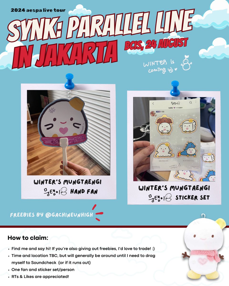 gachineunhigh's tweet image. 🌟 AESPA SYNK: PARALLEL LINE in JAKARTA 2024 – winter's 뭉탱이 freebies by @gachineunhigh 🌟

🗓️August 24th
📍BCIS, exact location TBC

please see the attached poster for freebies details + how to claim! see you there! :)

#aespa_SYNK_PARALLELLINEinJKT #AESPALIVETOUR2024_JAKARTA