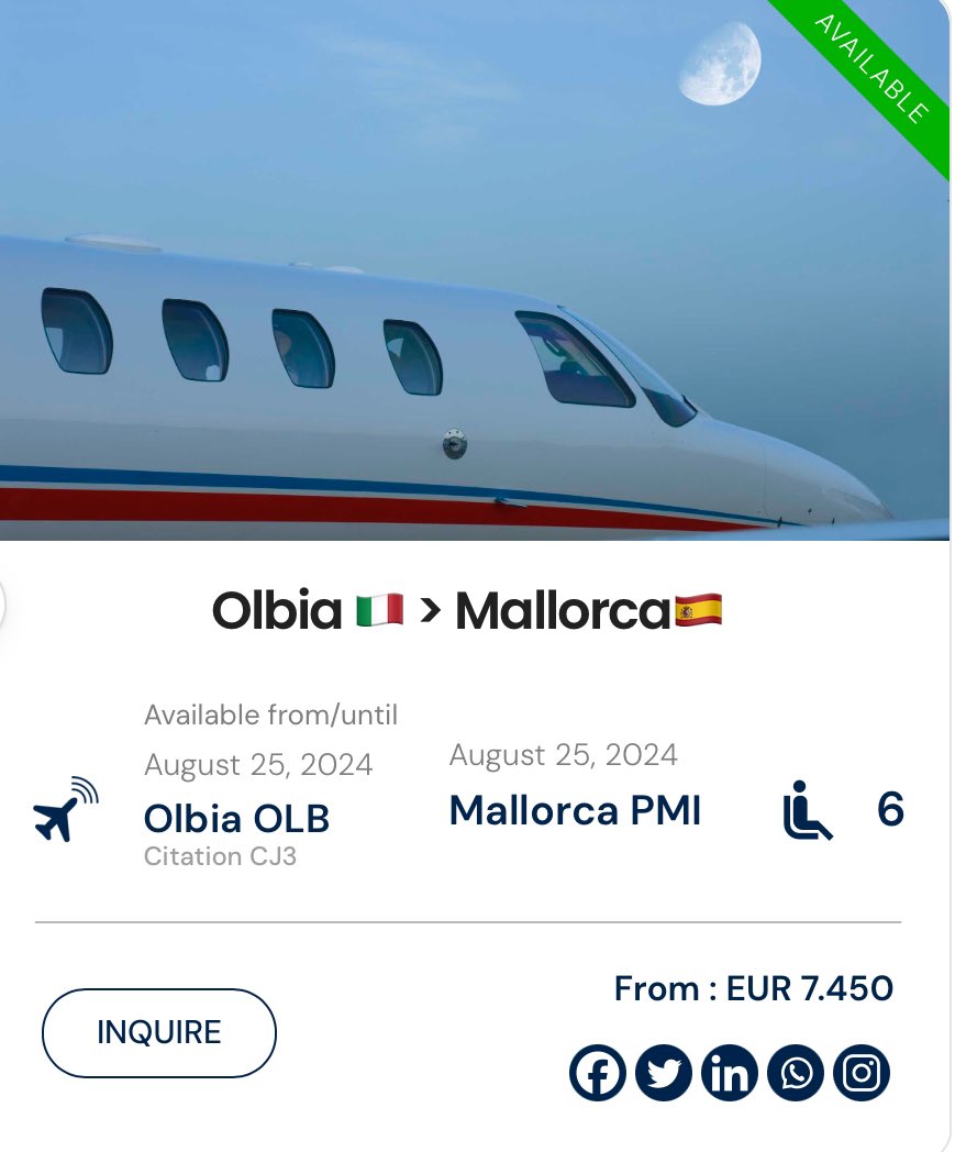 🔥PRIVATE JET DEAL🛩️⚠️ 
t.ly/6KCUA
Team@jetscanner.net

#PrivateJetDeals #privatejetcharter #privatejet #jetcharter #emptyleg #emptylegs #businessjet #luxury #flightdeals #cheapjetcharter #olbia #london #dubai #Paris #Zurich #geneva #Mallorca #nice #cotedazur
