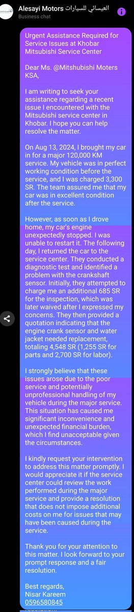 NisarKarim3's tweet photo. @alesayi_motors nobody has contacted me yet! seems @alesayi_motors  doesn't care about their customers! https://t.co/a9yvk3xHPJ