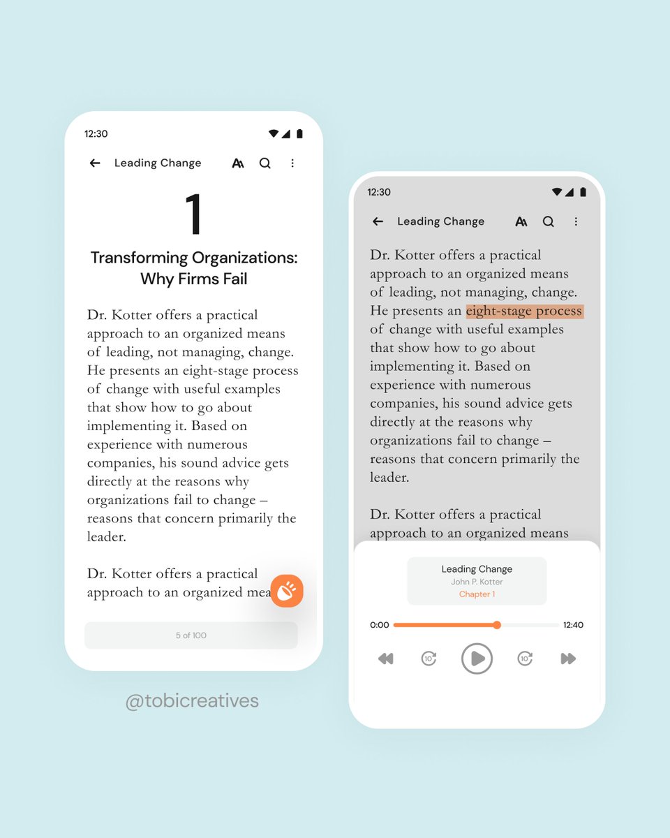 tobicreatives's tweet image. Happy New Week 😃

Day 6: Book viewer &amp;amp; Voice reader page🎧
Designed a a clean book viewing interface &amp;amp; audiobook playback.
What&apos;s your preferred way of reading? 🙂

@stephanieorkuma
@victorfatanmi
@DavioWhite
#UIDesign #BookApp #DailyUI #UXDesign #UXUI #UIUX