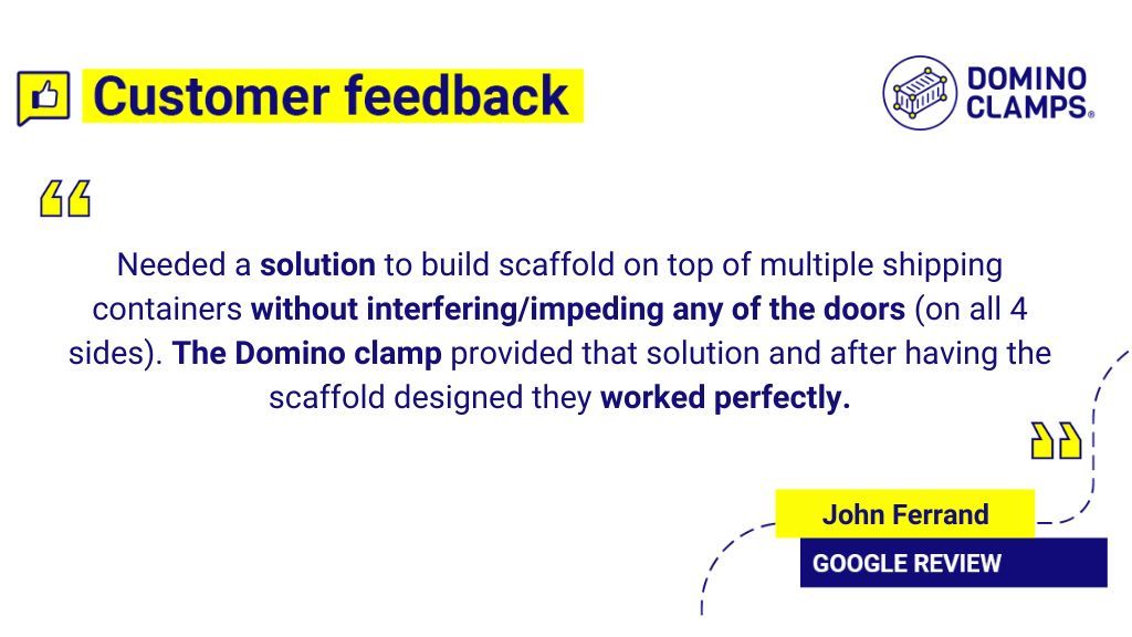 Our customer used Domino Clamps to attach scaffold on top of some Shipping Containers without impeding the doors 

Thanks for the 5 Star review John!

⭐⭐⭐⭐⭐ 

#dominclamps #shippingcontainers #scaffolding