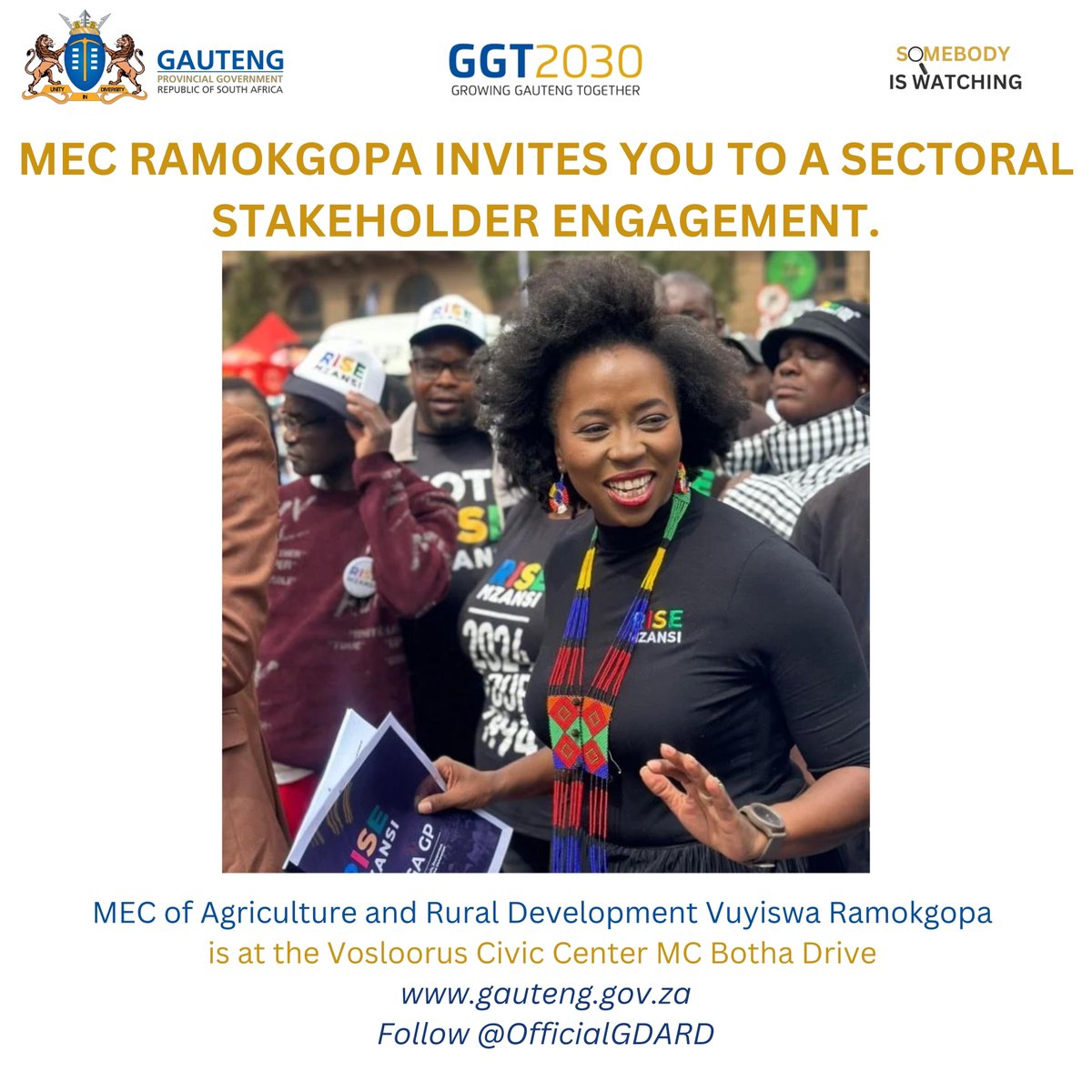 siwnews's tweet photo. Join MEC for department of Agriculture and Rural Development @VuyiswaRamokgop today at Vosloorus Civic Centre for a sectoral stakeholder engagement.  #SomebodyisWatching #SIWNews #GGT2030 https://t.co/JZI96wwA0O