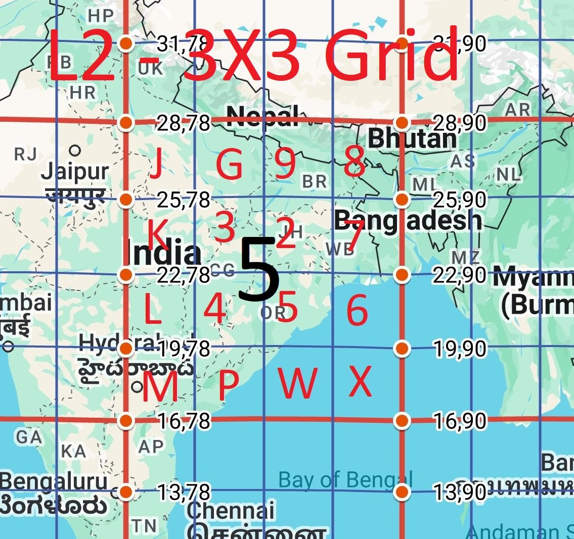 Kvnswami's tweet photo. @IndiaPostOffice @JM_Scindia @PemmasaniOnX @mygovindia @PIB_India @DDNewslive @airnewsalerts @AmritMahotsav Pic-1 uses Number 7  (12X12 Degrees) for the OSM map sheets NB-42, NC-42,  ND-42 and  NB-43, NC-43, ND-43 i.e 6 X 4 sheets together.

Pic-2 uses  Level-2 on the 16 blocks of 3X3 degrees in each Level-1 Block and so on.

By doing so,we get 45°°x45°° in level-3, and 5m x 5m at last https://t.co/RFq8uqSqMR