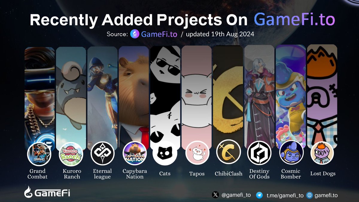 🚀🚀RECENTLY ADDED PROJECTS ON GAMEFI.TO

<a href="/grand_combat/">GrandCombat</a>
<a href="/kurororanch/">Beast Ranch</a>
<a href="/_EternalLeague_/">Eternal League</a>
<a href="/capy_nation/">Capybara Nation - $BARA is live on Crypto.com</a>
<a href="/Cats_telegram/">Cats</a>
<a href="/taposcat/">Tapos 👆😼</a>
<a href="/ChibiClash/">Chibi Clash ⚔️</a>
<a href="/DOGameSol/">Destiny of gods</a>
@Cosmic_Bomber
<a href="/LostDogsCo/">Lost Dogs</a>

#GameFi #NFTGaming #P2E #Web3Gaming

👇Visit here to discover more:
gamefi.to/new