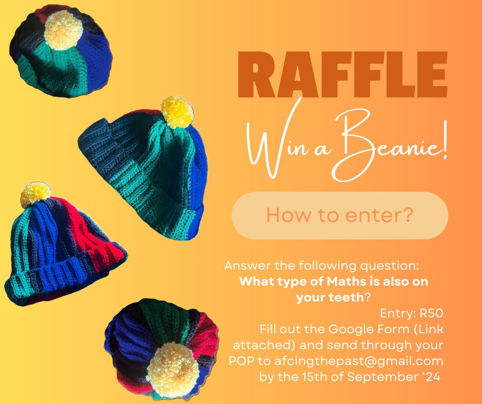 UCT_Archaeology's tweet photo. Stand a chance to win one of two handmade beanies! Simply fill out the form with your answer and send through your proof of payment (R50 per entry). Don't miss out on this great raffle!
https://t.co/Y8pVuVT6Y0
#raffle #beanie #archaeology #fieldclub #uct https://t.co/mlGBGGRwua