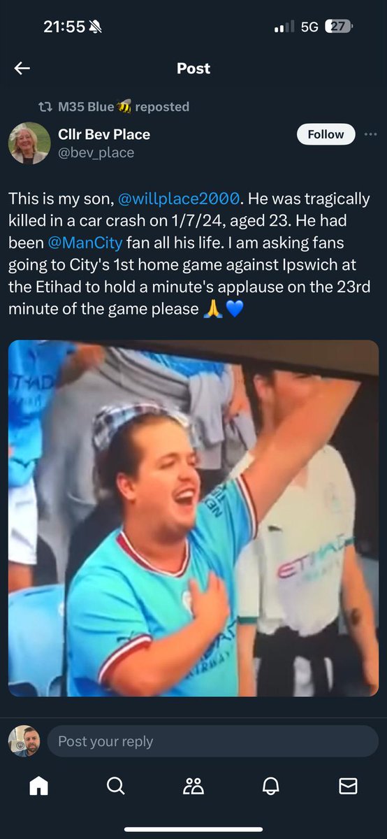 On the 23rd minute of the @mancity vs. @ipswichtown game, there will be 1 minute of applause for Will Place, who sadly died earlier this year. 

Will was a big City fan his whole life. 

Please share this information. 

Thank you 

#mcfc #mancity
#mancityosc #military
#veterans