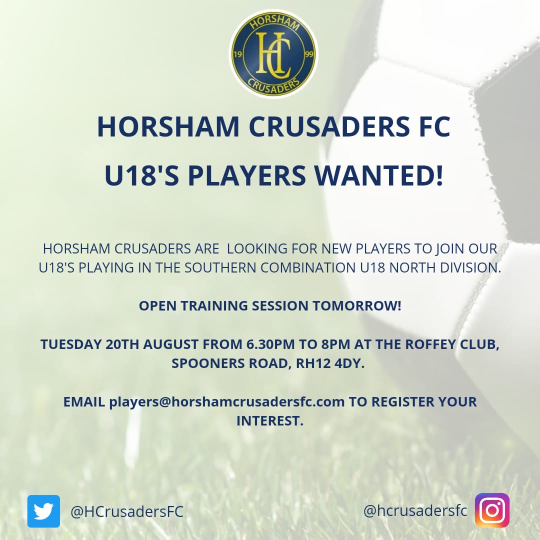 HCrusadersFC's tweet photo. We're on the search for under 18s to join our new U18 side!
We're holding an open training session tomorrow night at the Roffey Club! https://t.co/JHbzTaBOUH