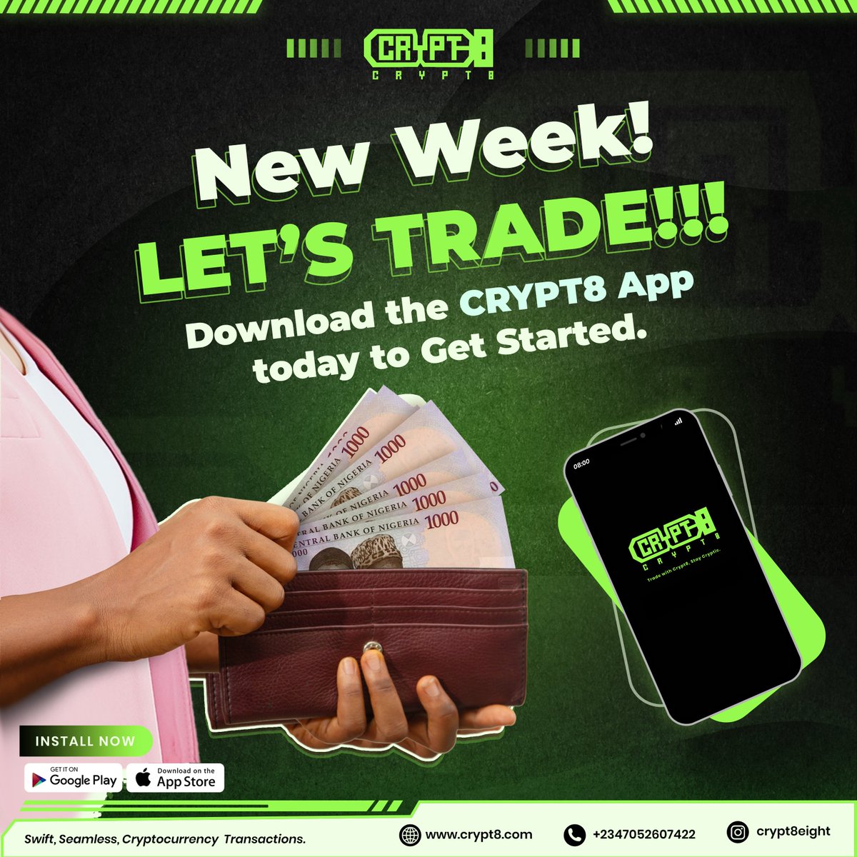 Crypt8eight's tweet photo. New week, new opportunities in the crypto world! 🚀 

Let's make it count with Crypt8. 

#CryptoBusiness #MondayMotivation #Crypt8
#Blockchain #Fintech #StartYourWeek #DigitalCurrency https://t.co/xjtiJ2M8wP