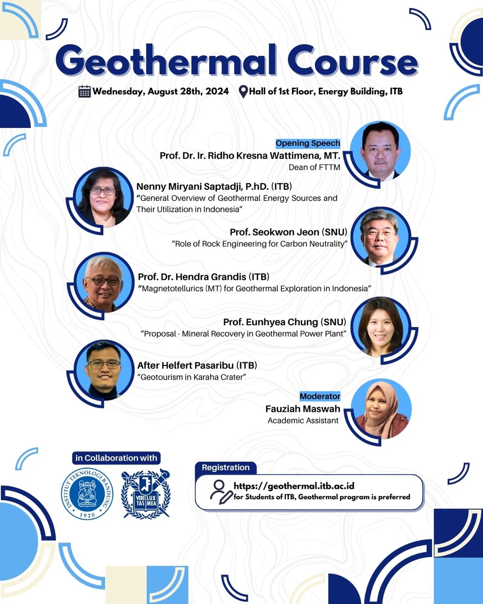 ITBGeothermal's tweet image. We are back‼️ GEOTHERMAL COURSE ITBxSNU 💥🌋

Schedule:
📅 Day 1 (Wednesday, August 28th, 2024)
📍1st Floor Hall, Energy Building, ITB

Registration is available at geothermal.itb.ac.id 
(for Students of ITB, Geothermal program is preferred)

#GeothermalCourse #FieldExcursion