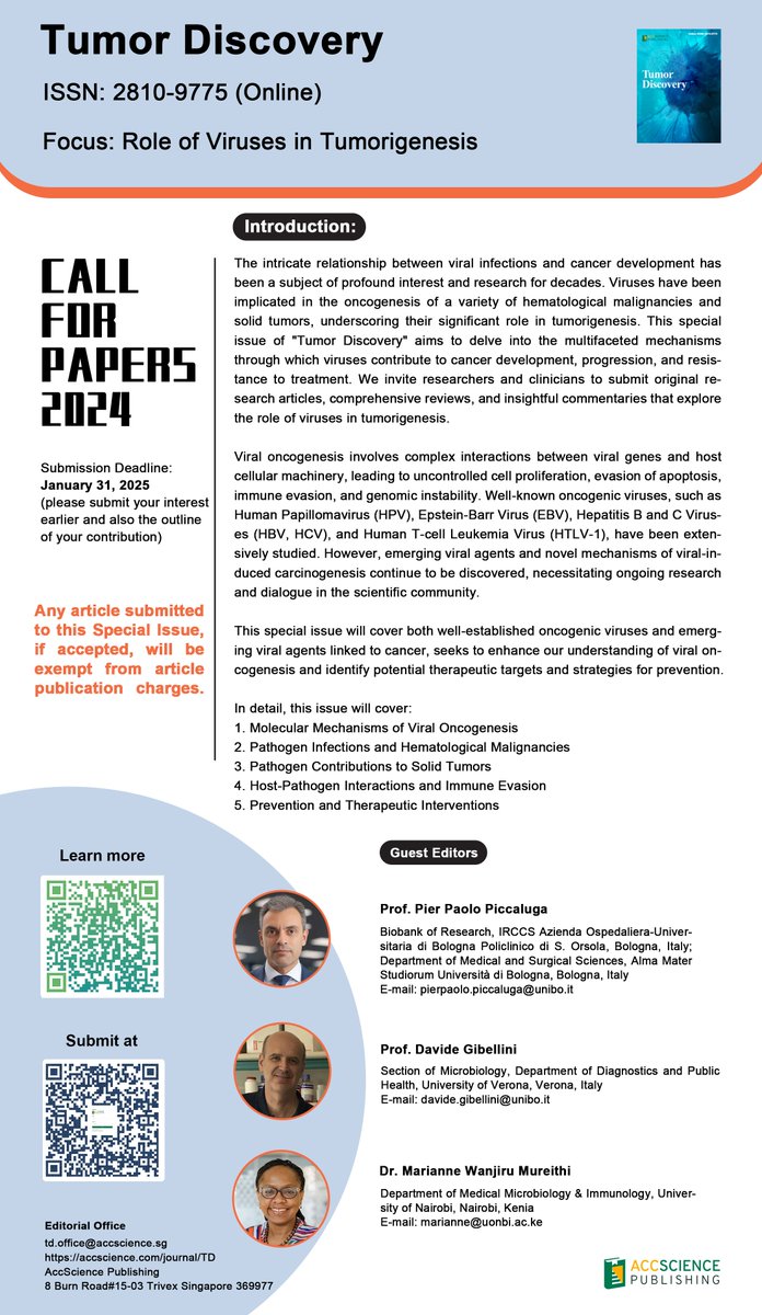 📢New Special Issue Open: "Role of Viruses in #Tumorigenesis" warmly welcoming new submissions. 
✏️Guest editor: Prof. Pier Paolo Piccaluga, Prof. Davide Gibellini &amp; Prof. Marianne Wanjiru Mureithi 
🔗accscience.com/journal/TD/spe…