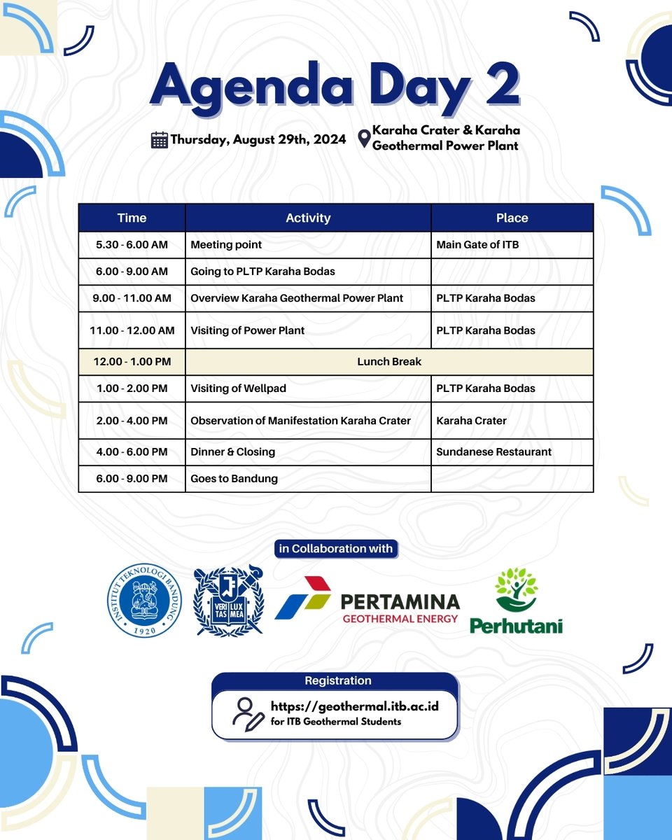 ITBGeothermal's tweet image. We Are Back‼️ FIELD EXCURSION ITBxSNU💥🌋

Schedule:
📅Day 2 (Thursday, August 29th, 2024)
📍Karaha Crater and Karaha Geothermal Power Plant

Registration is available at geothermal.itb.ac.id 
(for Students of ITB)

#GeothermalCourse #FieldExcursion