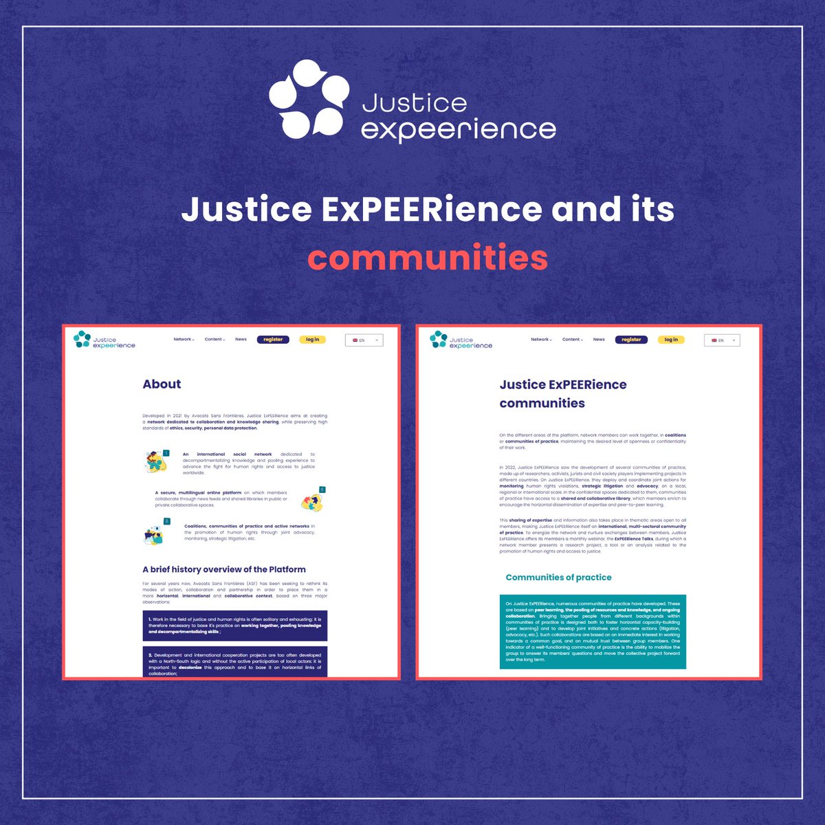J_ExPEERience's tweet photo. 🌍 Vous avez envie de mieux comprendre Justice ExPEERience, ses communautés et son historique ?

Consultez notre mandat en visitant la page ''À propos'' de notre tout nouveau site web, et plongez au cœur du réseau et son évolution depuis sa création. 
🌐 https://t.co/X47tvIQNli https://t.co/gjYNoc4PCQ