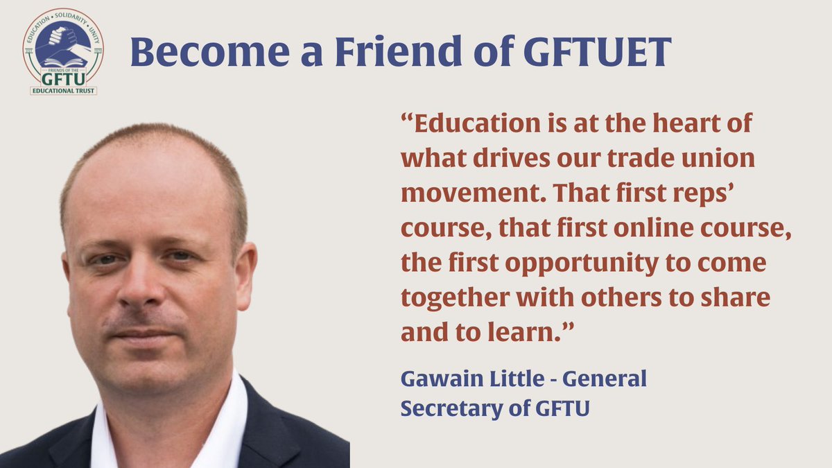 GFTUET's tweet photo. “Education is at the heart of what drives our trade union movement.” - @GawainLittle, @GFTU1
Your monthly donation ensures a direct impact on our educational initiatives.
Make the trade union movement stronger through education - https://t.co/urFG3jToxl
#GFTUET #FriendsofET https://t.co/NDVAm2Djot