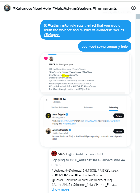 SRAntiFascism's tweet photo. @SR_AntiFascism @Italiantifa @SunlightAFA @cideral4 @bibipenner @EladNehorai @clampdownonhate @redorchestraAFA @IuventaCrew @UnmaskUTR @CAntifascists @lingerence @mossrobeson__ @sirtou2 @FrontRangeAFA @COSAntiFascists @AntifaHVNY @NorResist @AngersRaaf @Asso_Antifa77 @AFA_Paris75 @Soli_Antifa_Zgz @Antifaxismoa @DTAnalytics @DLamontJenkins @AlacantAntifa @JaworznoAntifa @antoinedebx @ANPIRomaPosti @MRUAntiRacism @_natsukik @slpng_giants_fr @sakeuchi317 @Stumptown161 @UTRresearch @Joliet_ARA @RedoubtAFA @SalishcoastA @DownTheBastards @CVAgainstFash @LCRWnews @TorchAntifa @channel__3 @SunshineAFA @anpilondon @KatharinaKoenig 2/x #Nafo @KatharinaKoenig=@LoveGuerillero,
@affeu2, #NeoNazi #Азов @Dokmz2 was passing
info,#Monitoring #AntiFa directly 4
#Asow #NeoNazis,
#Intending #RealHarm to #Refugees
#Minorities #VulnerablePeople&
shaping #Deutschland'#Narrative'4that,
is so beyond #PureEvil #FuckingEvil https://t.co/C7kGjF2Q2n