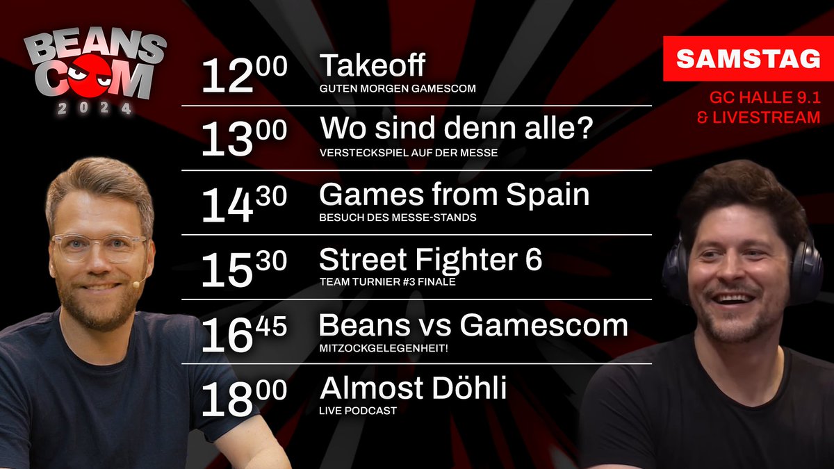 TheRocketBeans's tweet photo. Unser #Beanscom-Programm für den morgigen #Gamescom2024-Samstag: https://t.co/NrIrZ5XRBx