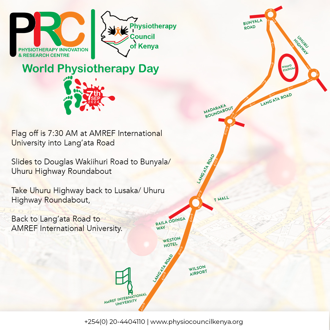 The route is finally out!
Flag off is 7:30 AM at AMREF International University Into Lang'ata Road

Have you purchased your merchandise yet?
Talk to us to grab yours and be part of the team that will #StepUpForPhysiotherapy
#PIRC