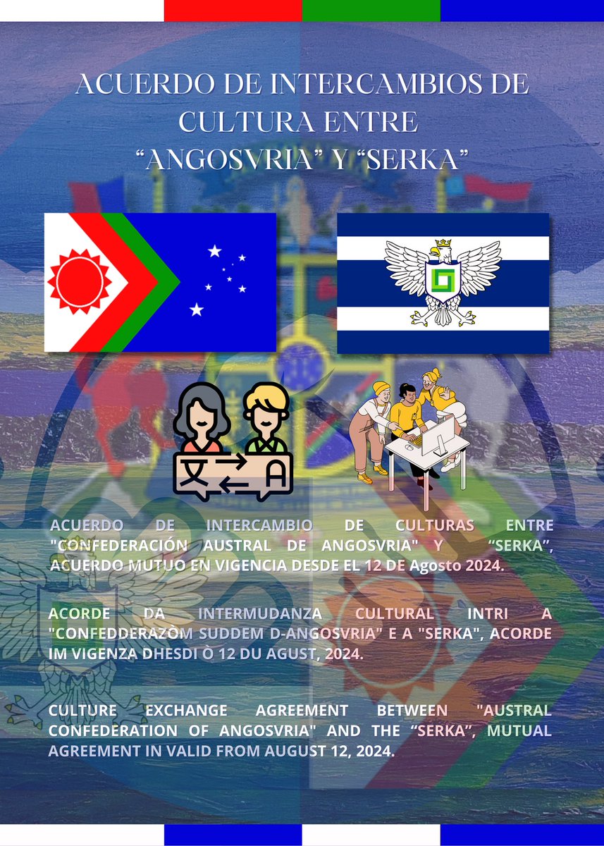 Gobiernofedera4's tweet photo. Gobierno de Angosvria:
Angosvria y Serka firman un nuevo acuerdo sobre
iniciativa de intercambio cultural entre ambos países
en base de intercambios de idioma, cultura e historia
y diversas materias sociales.
#Angosvria #Serka #Micronations #Micronaciones https://t.co/frKNKJDw7h