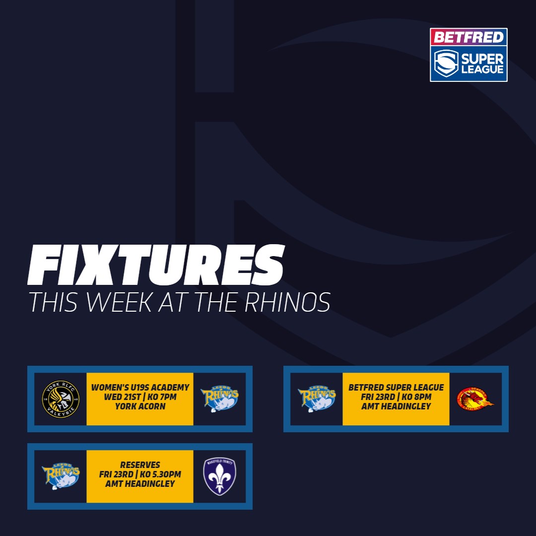 𝗧𝗛𝗜𝗦 𝗪𝗘𝗘𝗞 𝗔𝗧 𝗧𝗛𝗘 𝗥𝗛𝗜𝗡𝗢𝗦 
3⃣ sides in action this week around the Rhinos, including the Women's U19s 🆚 York plus Friday's double header with the First Team and Reserves

👉therhinos.co.uk/article/20803/…