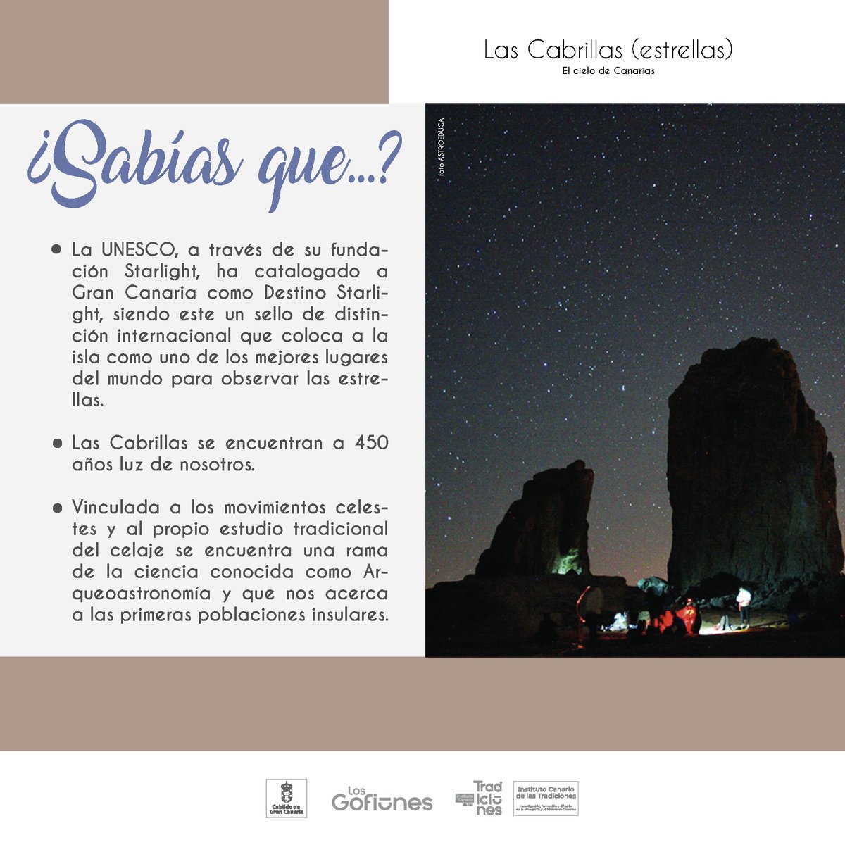 El conocimiento del celaje era imprescindible para los tiempos agrícolas y ganaderos, es por ello, que hoy miramos al cielo en la búsqueda de las Cabrillas.
#ictradiciones #cabrillas #pléyades #elcelaje #elcielodecanarias #guia #elentorno #patrimonio <a href="/LosGofiones/">Los Gofiones</a> <a href="/GranCanariaCab/">Cabildo Gran Canaria</a>