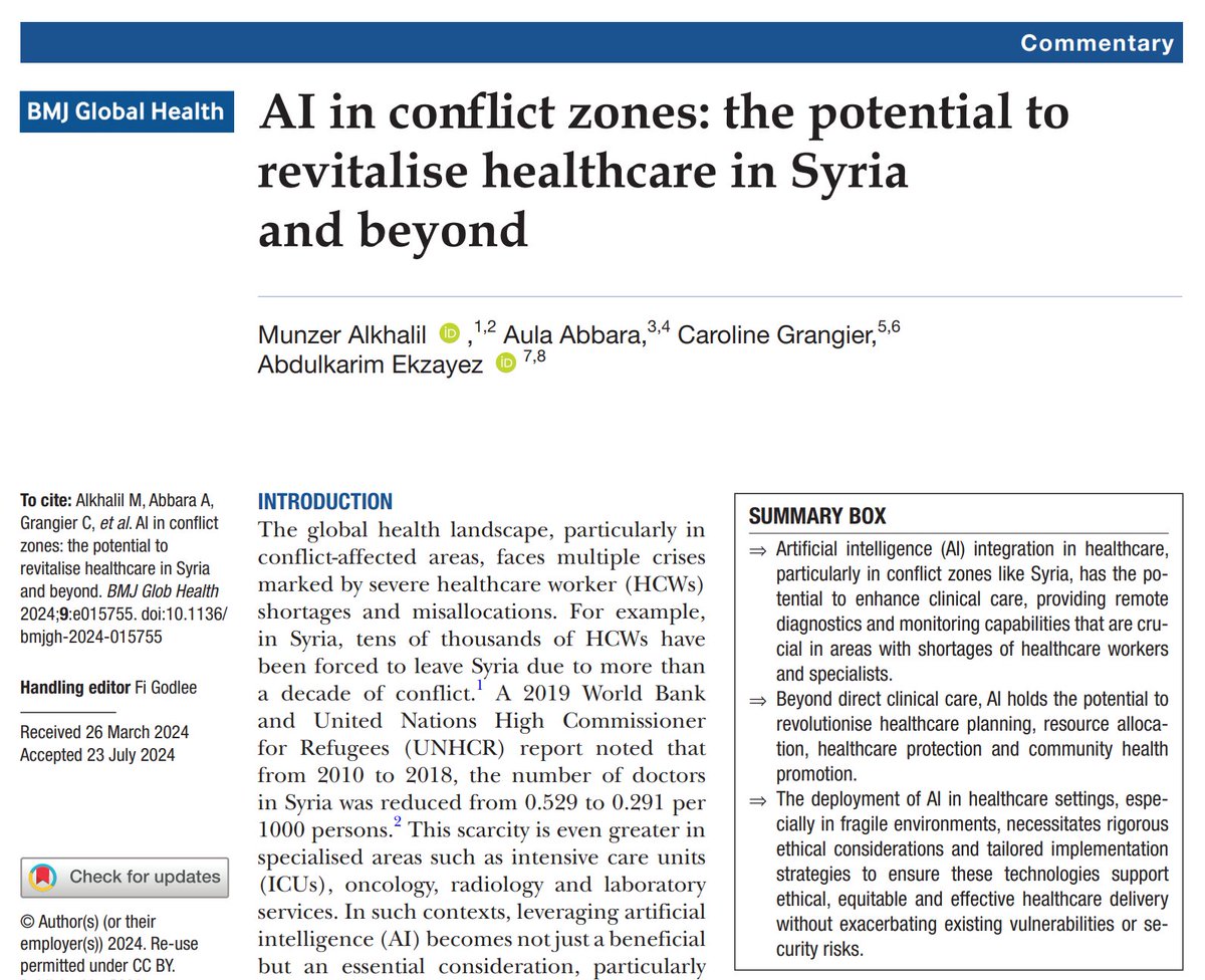 MSF Science (@msfsci) on Twitter photo Could we integrate #AI into healthcare to enhance care in conflict zones?
Comment in <a href="/GlobalHealthBMJ/">BMJ Global Health</a> dives into potential & concerns on the use of AI
➡️doi.org/10.1136/bmjgh-… Could we integrate #AI into healthcare to enhance care in conflict zones?
Comment in <a href="/GlobalHealthBMJ/">BMJ Global Health</a> dives into potential & concerns on the use of AI
➡️doi.org/10.1136/bmjgh-…