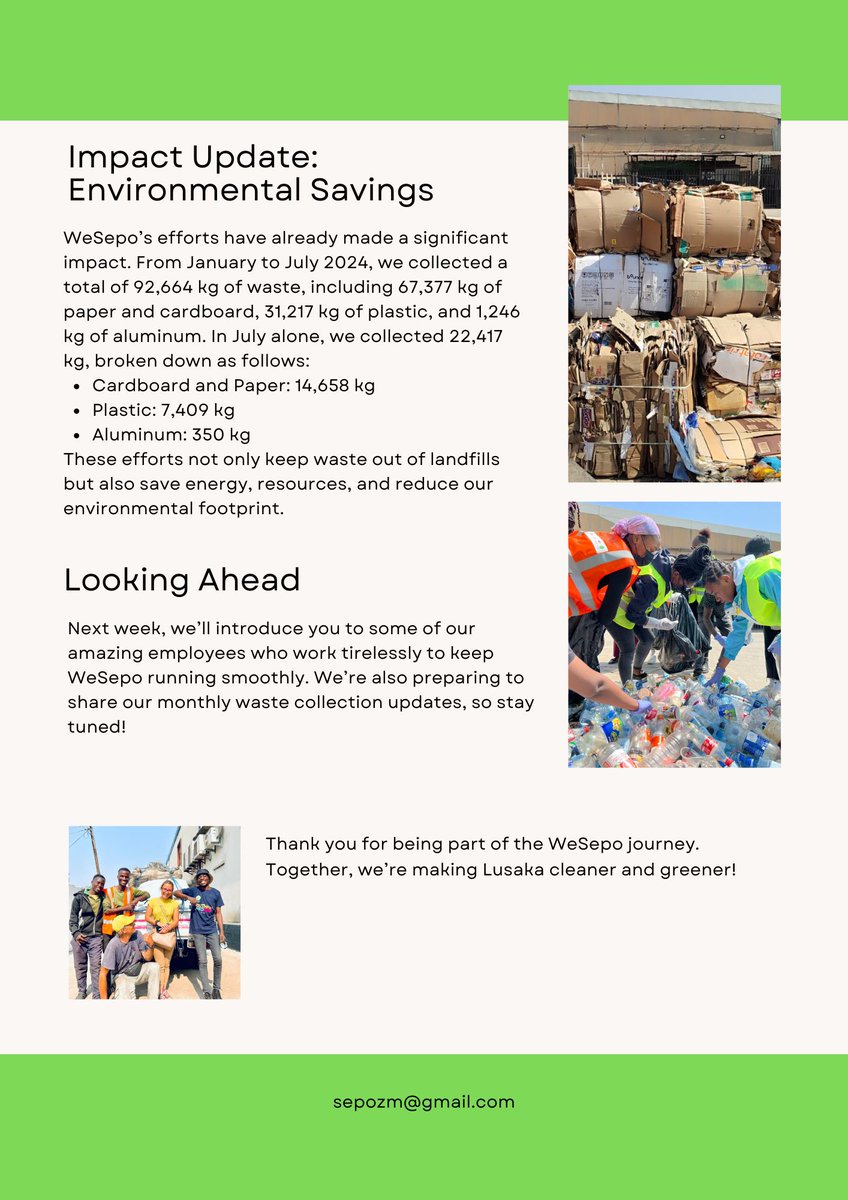 WeSEPO22's tweet photo. 🚨 New WeSepo Weekly Newsletter Alert! 🚨

Curious about what happens to your recyclables? This week, we’re taking you behind the scenes at WeSepo! 🌱 Discover how we collect, separate, and transform waste into valuable new products that help keep Lusaka green. 🌍

#RecycleWithUs https://t.co/lQFPJrMs1k