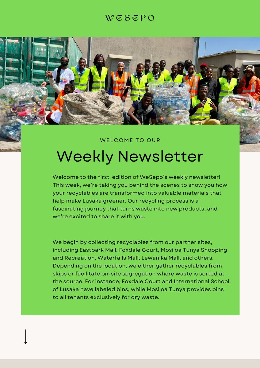 WeSEPO22's tweet photo. 🚨 New WeSepo Weekly Newsletter Alert! 🚨

Curious about what happens to your recyclables? This week, we’re taking you behind the scenes at WeSepo! 🌱 Discover how we collect, separate, and transform waste into valuable new products that help keep Lusaka green. 🌍

#RecycleWithUs https://t.co/lQFPJrMs1k