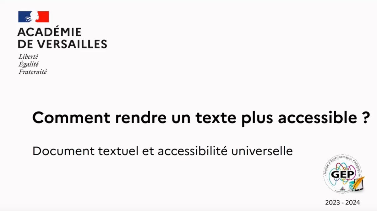🧑‍💻 [#GEPLettres] Comment rendre un texte plus accessible ? - lettres.ac-versailles.fr/spip.php?artic…

➡️ Document textuel et #accessibilité universelle : quels points de vigilance ? Quelles bonnes pratiques ? Exemples d’adaptations pour favoriser une réception optimale par tous les élèves.