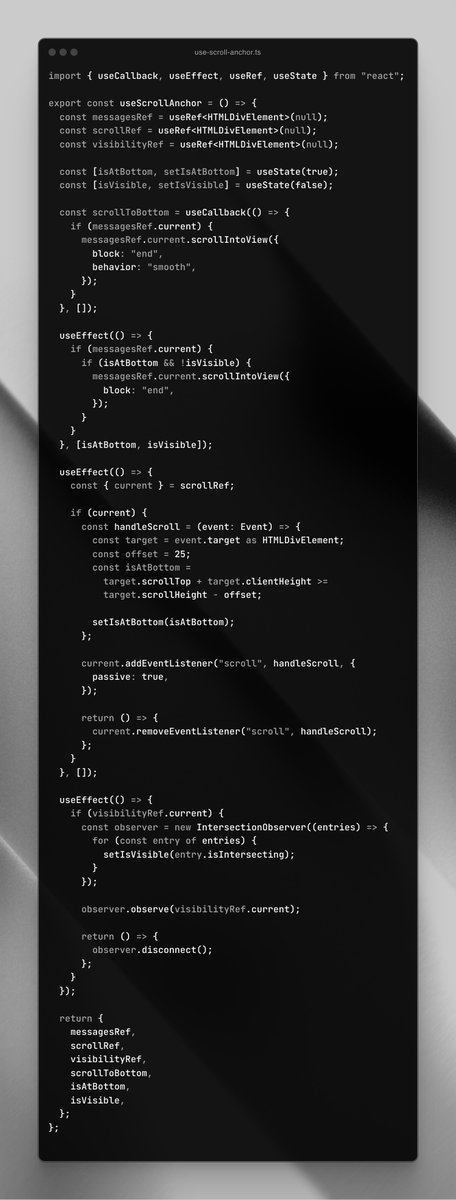 pontusab's tweet image. To automatically scroll down when new messages arrive in an chat like Chat-GPT, use the following hook.