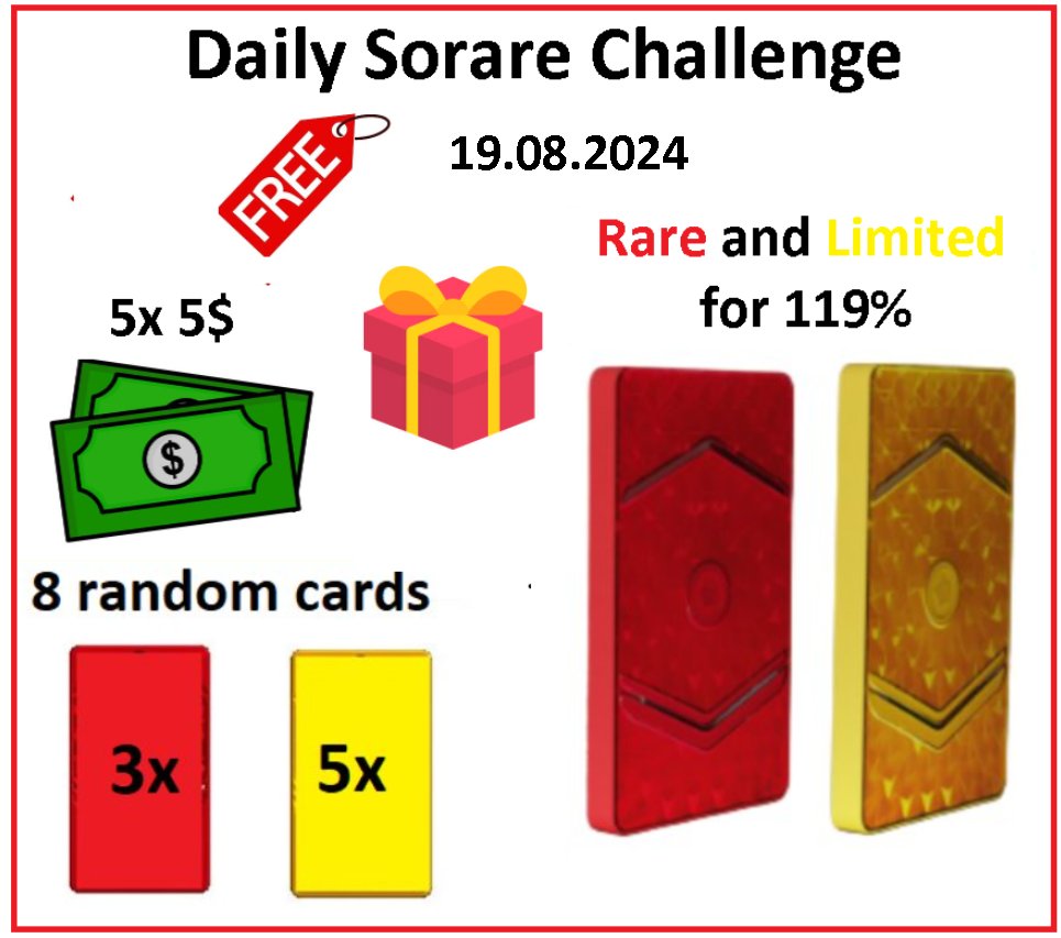 PawelTrader_'s tweet image. Its time for #Sorare Challenge 19.08.2024.

1⃣ 3 Rare and 5x Limited Cards for 8 random people who make at least one transaction with me within 24 hours.
2⃣ Swap all my Rare/Limited Cards for 119% of Your cards value.🔥
3⃣🆓5x5$ and Suprise prize for 6random people - just write…