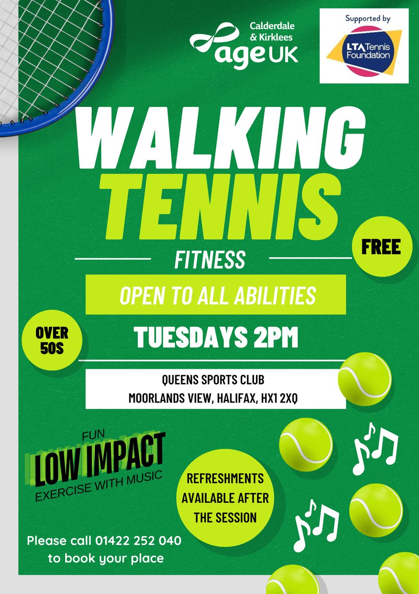 Looking for a new challenge this Autumn?

Join our upcoming Walking Tennis Fitness sessions at Queens Sport and Fitness Club

Open to all experience levels, Walking Tennis Fitness is an exercise class which will incorporate elements of Walking Tennis to music.