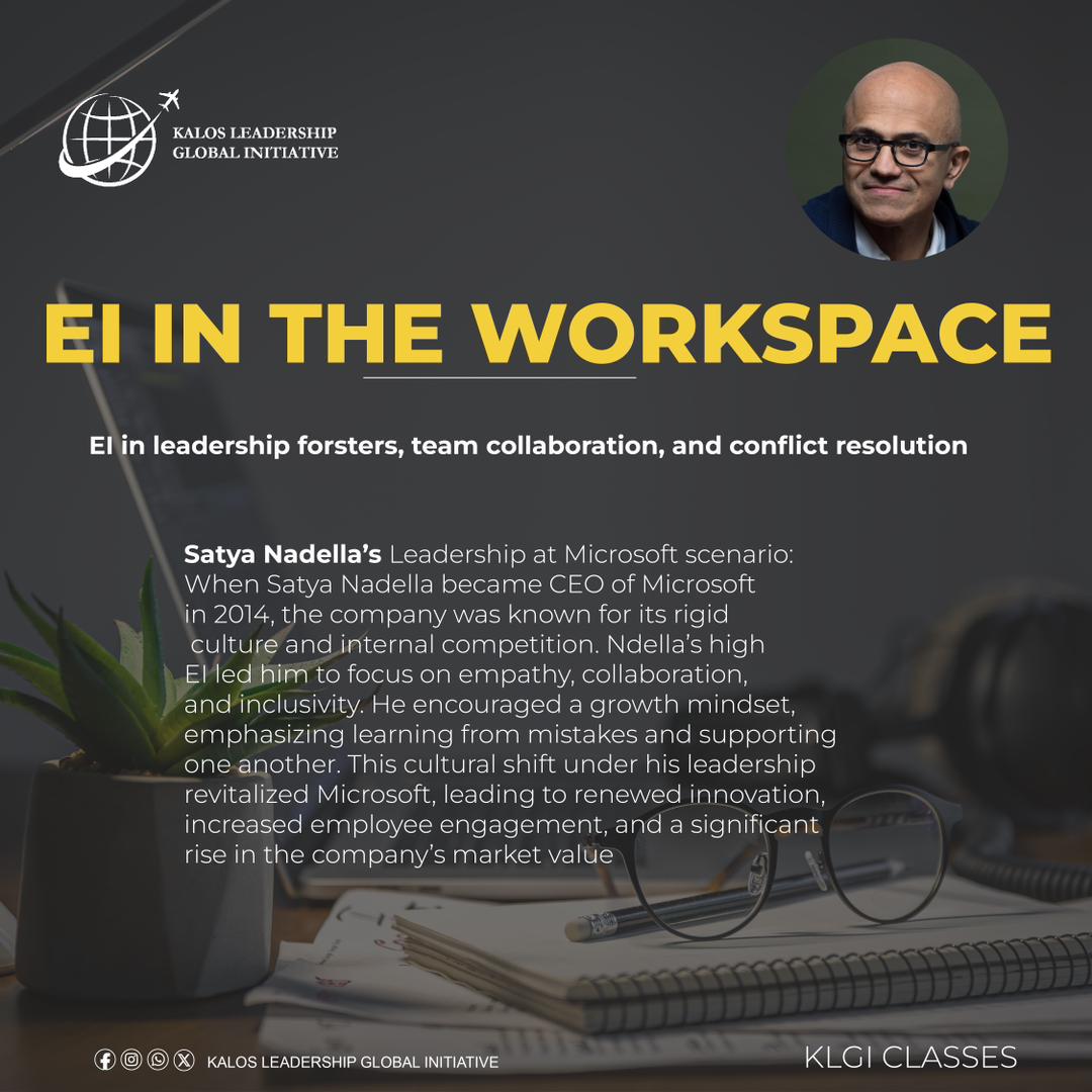Satya Nadella's leadership at Microsoft shows how emotional intelligence can transform a company. By fostering empathy, collaboration, and a growth mindset, he revitalized Microsoft's culture, driving innovation and boosting market value.

shorturl.at/uyvMf