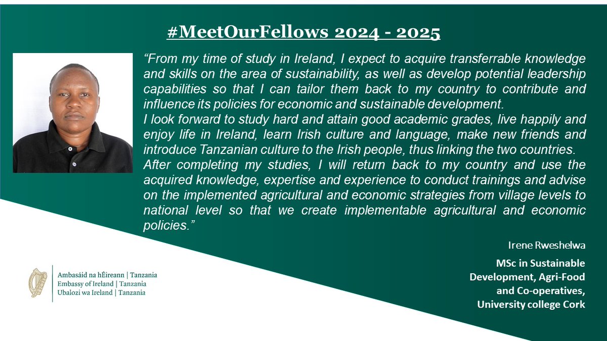 IrlEmbTanzania's tweet photo. This month, we're sending off our 2024-2025 🇮🇪 Ireland Fellowship Programme awardees from Tanzania 🇹🇿 &amp; Seychelles 🇸🇨.

To celebrate, #MeetOurFellows Melchior, Elza, Davis &amp; Irene as they share their excitement ahead of starting their #StudyinIreland journeys.

#IrelandFellows https://t.co/w9jMDXQhSh