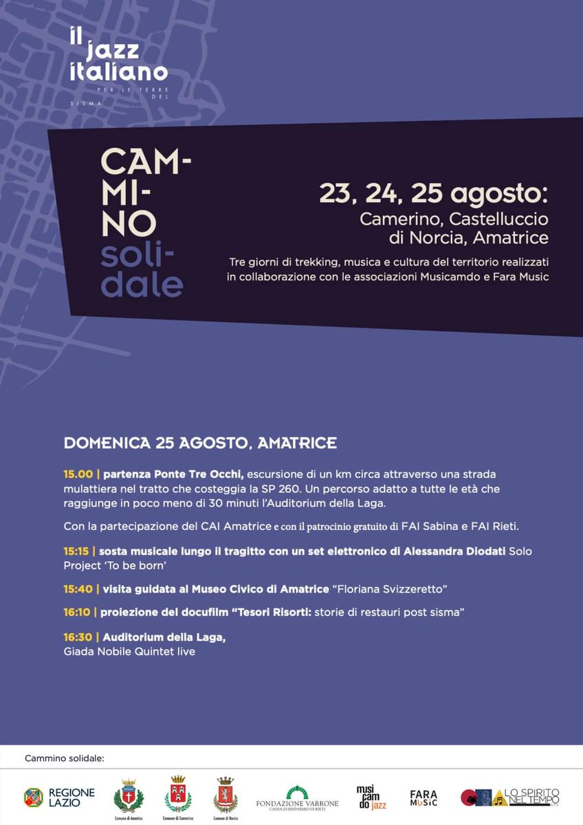 Il jazz italiano per le terre del sisma
Il 25 agosto fa tappa ad Amatrice

<a href="/Fara_Music/">Fara Music Festival</a>