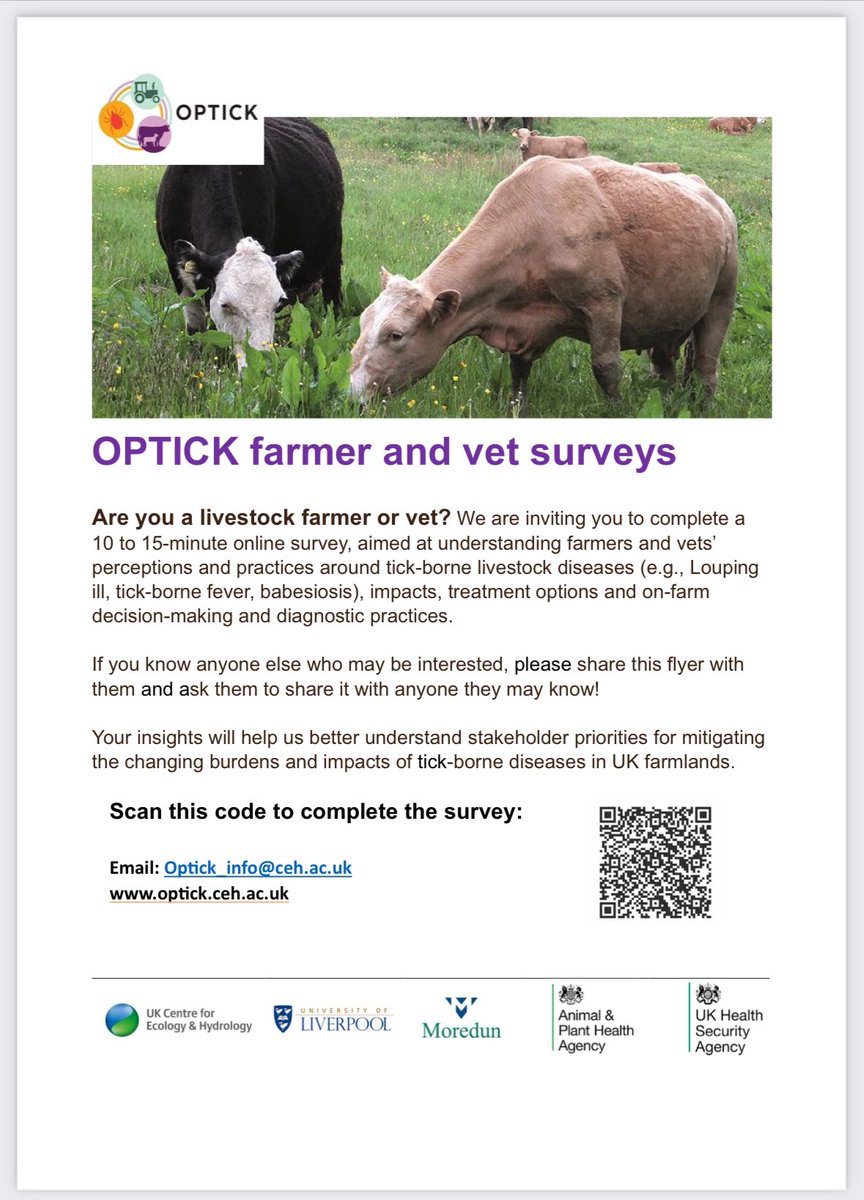 The OPTIK Farmer and Vet surveys on ticks and tick-borne disease management can be found at the following links:
 
OPTICK Farmer survey: ee.kobotoolbox.org/x/29h7ABVL
 
OPTICK - Vets Survey: ee.kobotoolbox.org/x/a9GOocAG