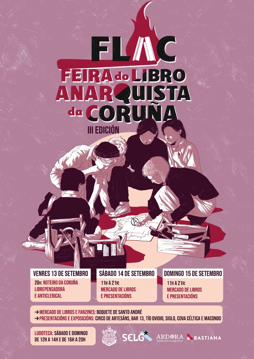 ‼️ Achégase o mes de setembro, e con el unha nova edición da Feira do Libro Anarquista da Coruña

⚡️ Este ano a FLAC ven cargada de novidades

🗓 Comezaremos o venres 13 de setembro, ás 20'00, cun roteiro sobre a Coruña anticlerical e librepensadora