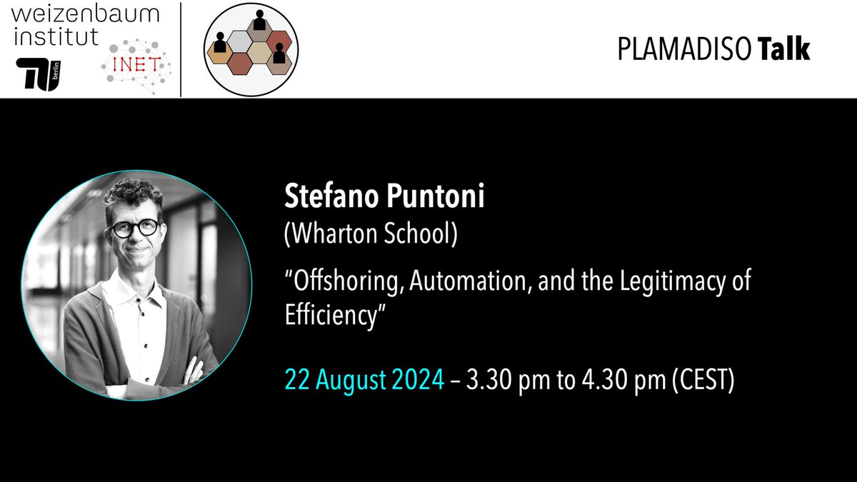 JWI_Digi_Econ's tweet photo. π’ Donβt miss our next #PLAMADISOtalk! π
Stefano Puntoni from @Wharton will speak on β#Offshoring, #Automation & the Legitimacy of Efficiency,β exploring consumer reactions to #CollectiveLayoffs"
π
August 22
β° 3:30 PM CEST
π Online
π Register here: https://t.co/09kYfoWXKz https://t.co/hYPAa8UGY7