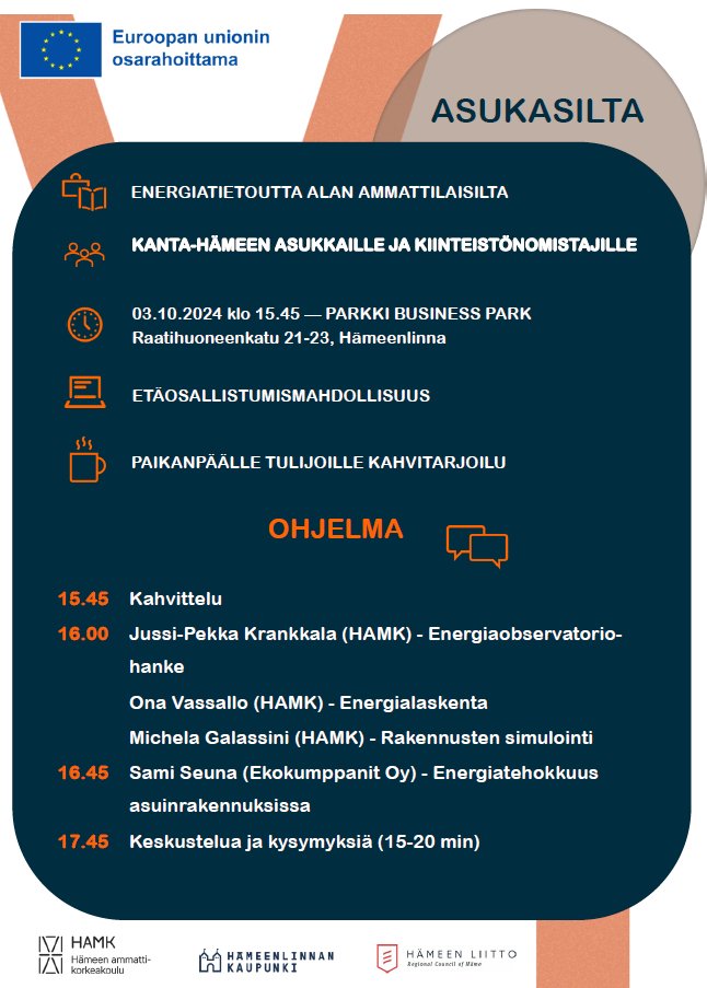 HAMK Tutkimus | HAMK Research (@hamkresearch) on Twitter photo Haluaisitko saada tietoa kuinka parantaa omaa energiatehokkuuttasi? Jos vastasit kyllä, olet lämpimästi tervetullut #Energiaobservatorio-hankkeen järjestämään energiailtaan!
Lisätiedot ja ilmoittautuminen: hamk.fi/tapahtuma/ener…
#EuroopanUnioninOsarahoittama <a href="/hameenliitto/">Hämeen liitto</a> Haluaisitko saada tietoa kuinka parantaa omaa energiatehokkuuttasi? Jos vastasit kyllä, olet lämpimästi tervetullut #Energiaobservatorio-hankkeen järjestämään energiailtaan!
Lisätiedot ja ilmoittautuminen: hamk.fi/tapahtuma/ener…
#EuroopanUnioninOsarahoittama <a href="/hameenliitto/">Hämeen liitto</a>