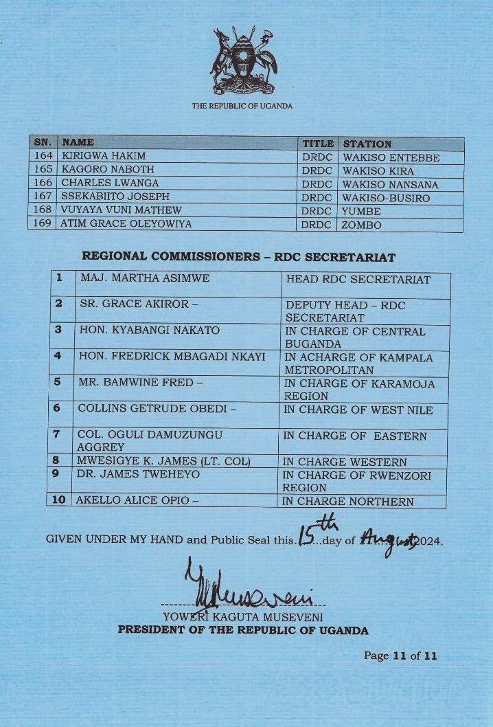 JUST IN: President <a href="/KagutaMuseveni/">Yoweri K Museveni</a> has appointed new Resident District/City Commissioners, Deputies, and RDC Secretariat Commissioners across Uganda.

Details 👇