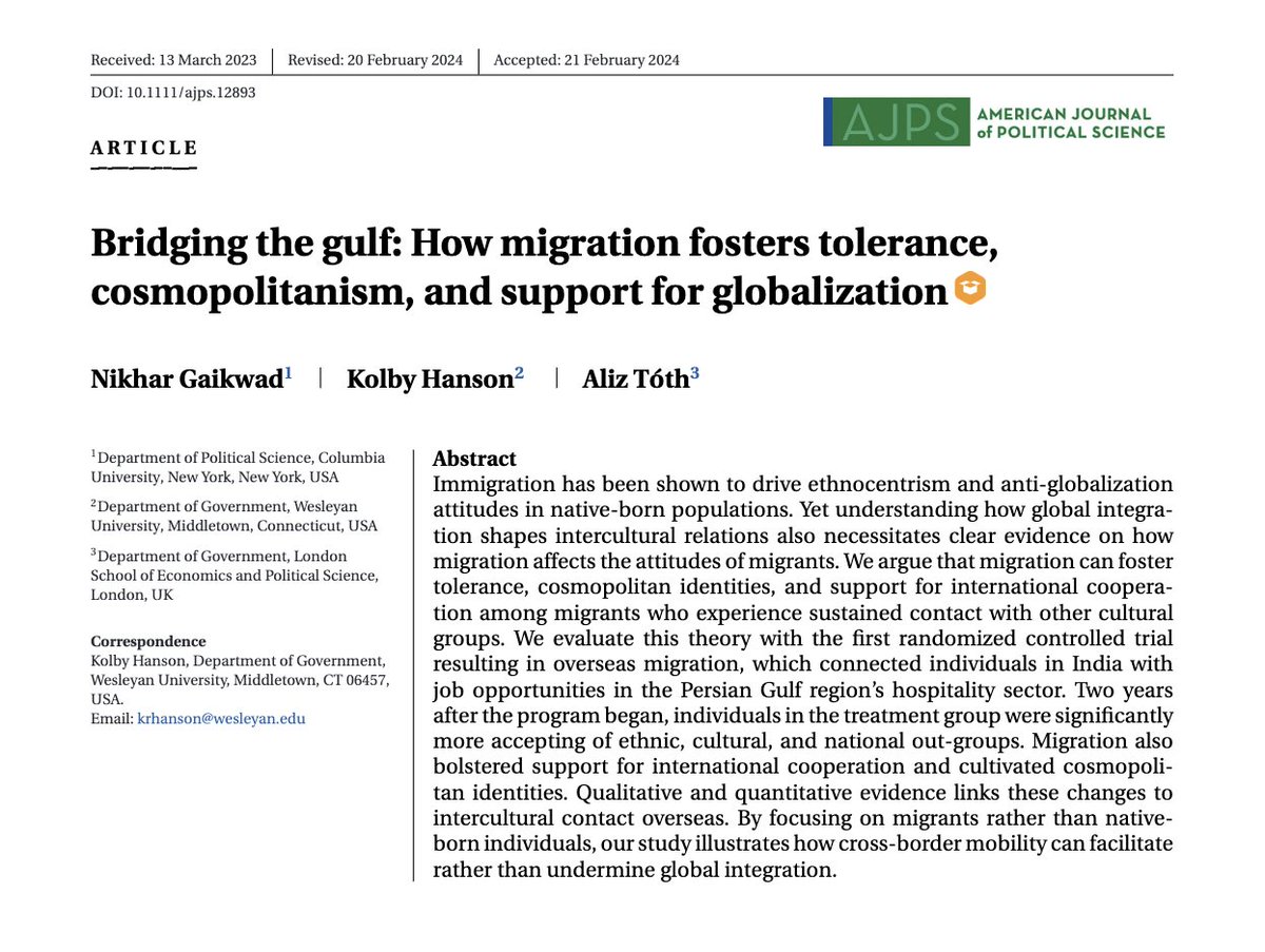 New research: Indians randomly selected for job opportunities in the Gulf were signiﬁcantly more accepting of ethnic, cultural, and national out groups. Migration also bolstered support for international cooperation and cultivated cosmopolitan identities. onlinelibrary.wiley.com/doi/epdf/10.11…