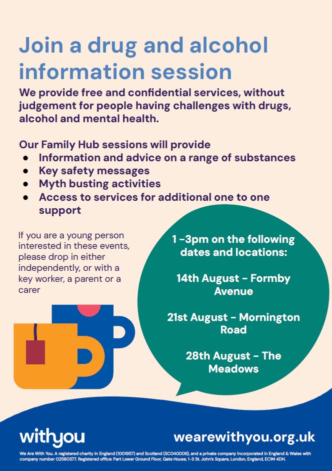 WiganWork's tweet photo. Are you interested in the below? Head on down to any of the Family Hubs on the dates listed to get involved.
#FamilyHubs #DrugandAlcoholAwareness https://t.co/Mndhz0psP2
