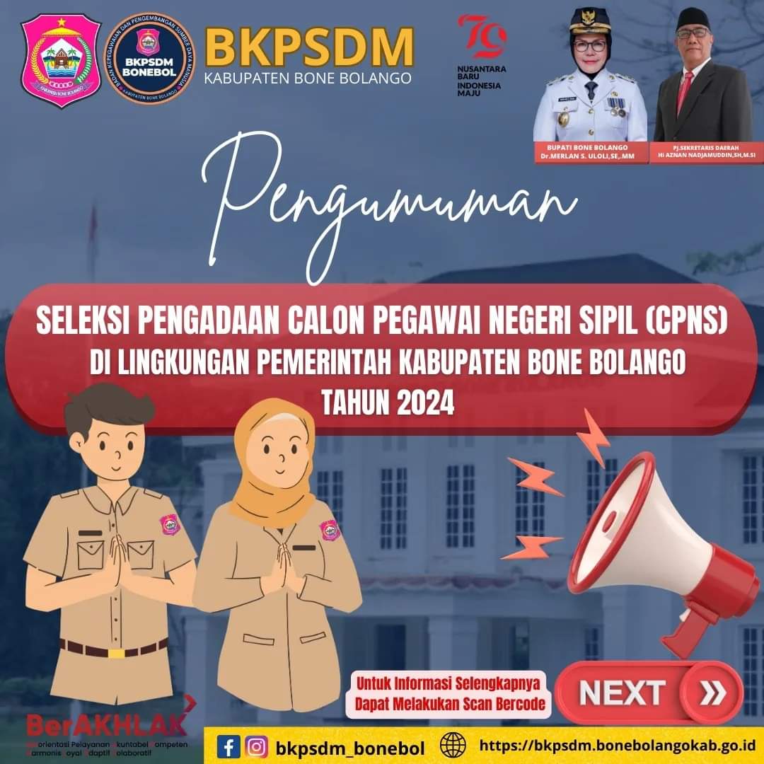 BKPPD_BoneBol's tweet photo. #sobatbkpsdmbonebol 
Pengumuman
Seleksi Pengadaan Calon Pengawai Negeri Sipil (CPNS) di Lingkungan PemKab Bone Bolango. Tahun 2024.
Untuk Informasi lebih lengkap bisa Melakukan scan bercode atau link dibawah ini:

https://t.co/4GWSYeHJoe

#bkpsdmbonebolango 
#berahlak https://t.co/TDJ8I7Sr5V