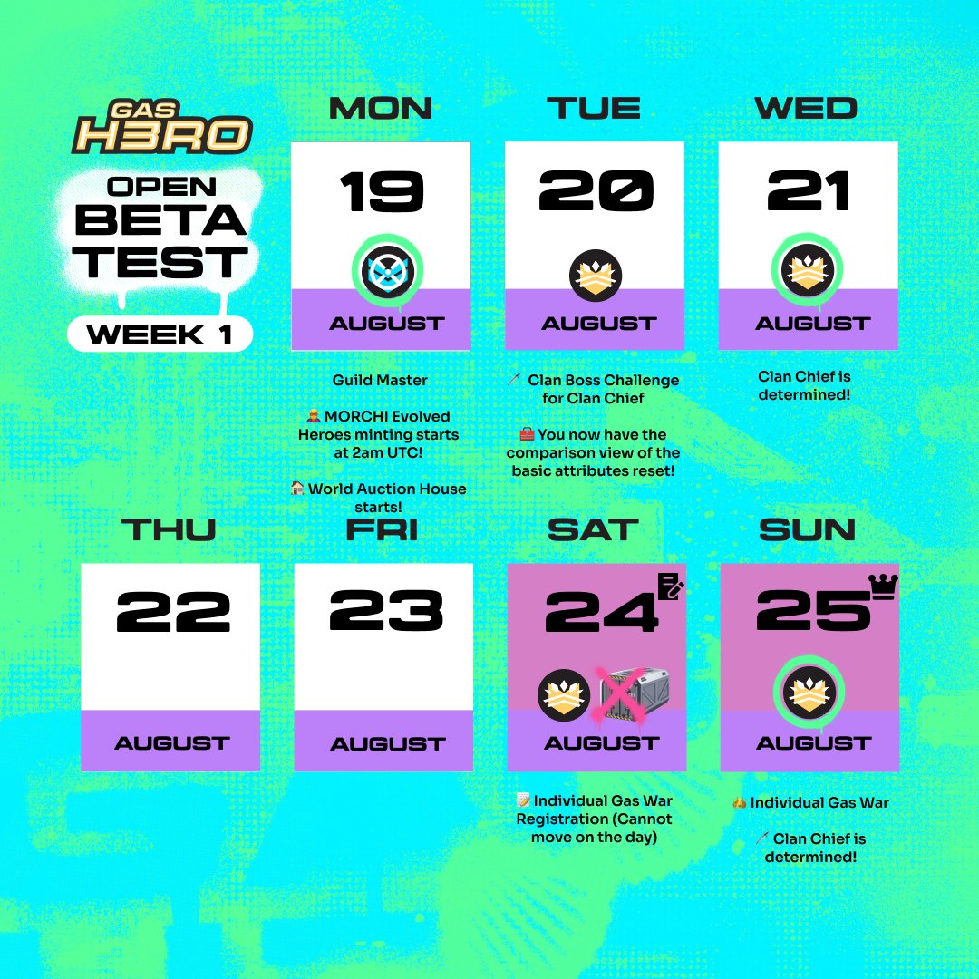 Gas Hero Weekly Calendar 🥰

Welcome to Week 1 of the #GasHero Open Beta Test! You can now purchase a Base Construction Vehicle (BCV) and start playing today. 🚎

Planned Events:

🧌 Clan Boss Fights
👑 Guild Master Election
🏦 World Auction House is live! Bid now for a Genesis