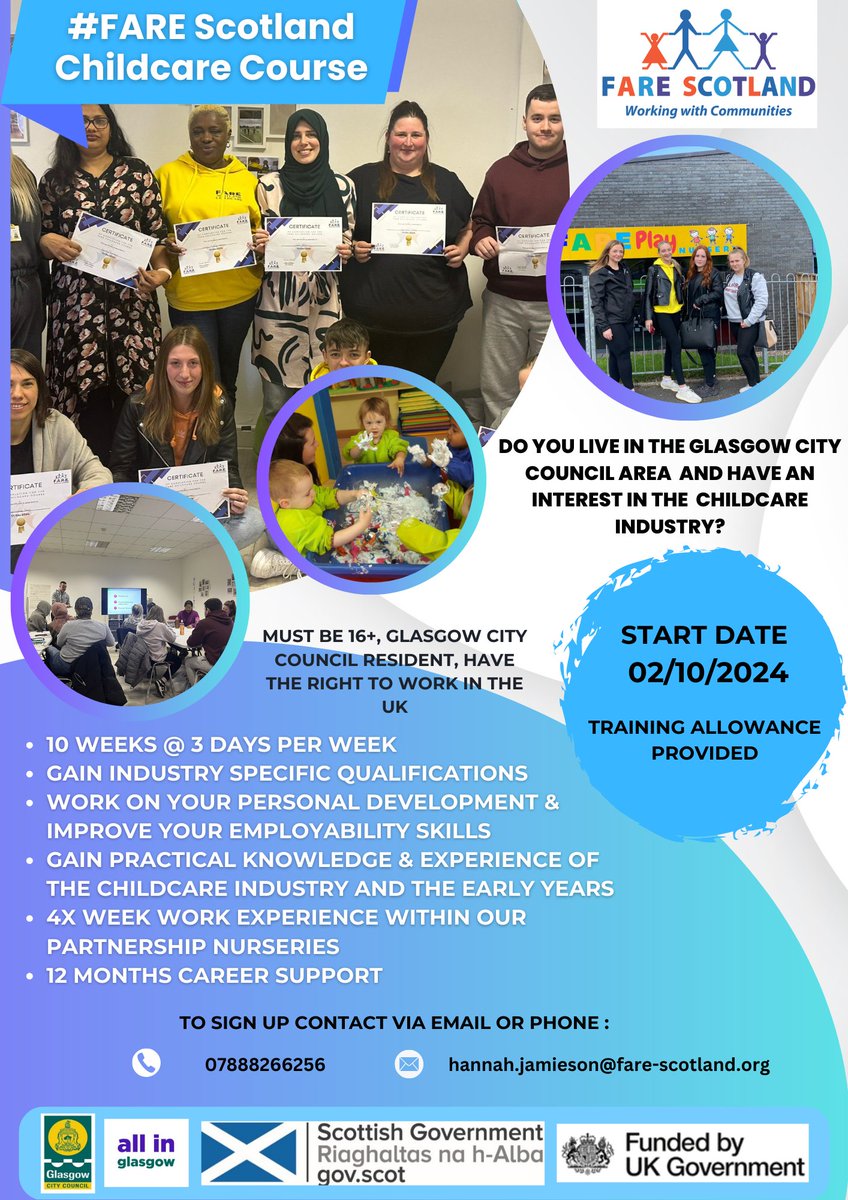 Hannah (@hannahjfare) on Twitter photo ⭐️NEXT START DATE FOR OUR FARE SCOTLAND CHILDCARE EMPLOYABILITY PROGRAMME⭐️
2nd OCTOBER 2024
Aimed at those looking to get started in a career in the childcare industry 📝📚
If interested, please contact Hannah on hannah.jamieson@fare-scotland.org or on 07888266256. ⭐️NEXT START DATE FOR OUR FARE SCOTLAND CHILDCARE EMPLOYABILITY PROGRAMME⭐️
2nd OCTOBER 2024
Aimed at those looking to get started in a career in the childcare industry 📝📚
If interested, please contact Hannah on hannah.jamieson@fare-scotland.org or on 07888266256.