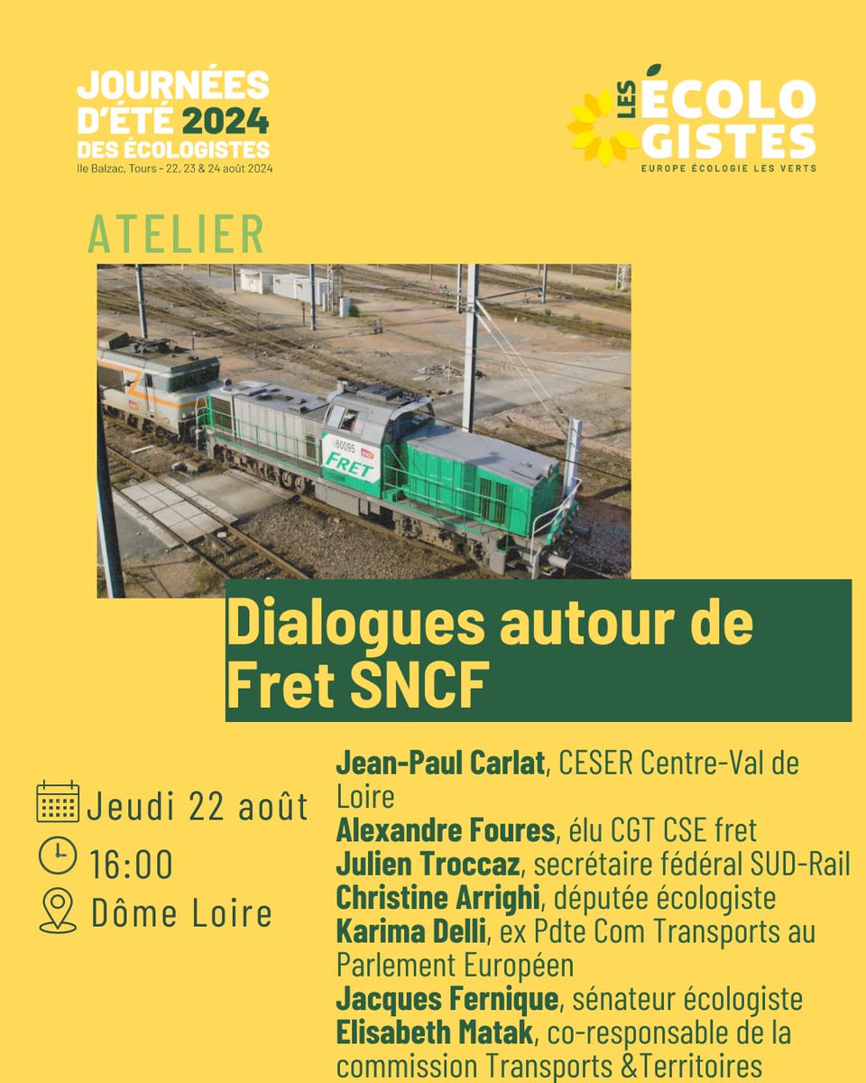 Les Écologistes- Transports & Territoires (@eelvtransports) on Twitter photo #FretSNCF : aux <a href="/Journeesdete/">Journées d'été des écologistes</a> des Écologistes à #Tours, 3 cheminots et 3 parlementaires écologistes échangeront sur ce dossier urgent et crucial pour l'avenir du #fretferroviaire en France.
app.imagina.com/les-journees-d… #FretSNCF : aux <a href="/Journeesdete/">Journées d'été des écologistes</a> des Écologistes à #Tours, 3 cheminots et 3 parlementaires écologistes échangeront sur ce dossier urgent et crucial pour l'avenir du #fretferroviaire en France.
app.imagina.com/les-journees-d…