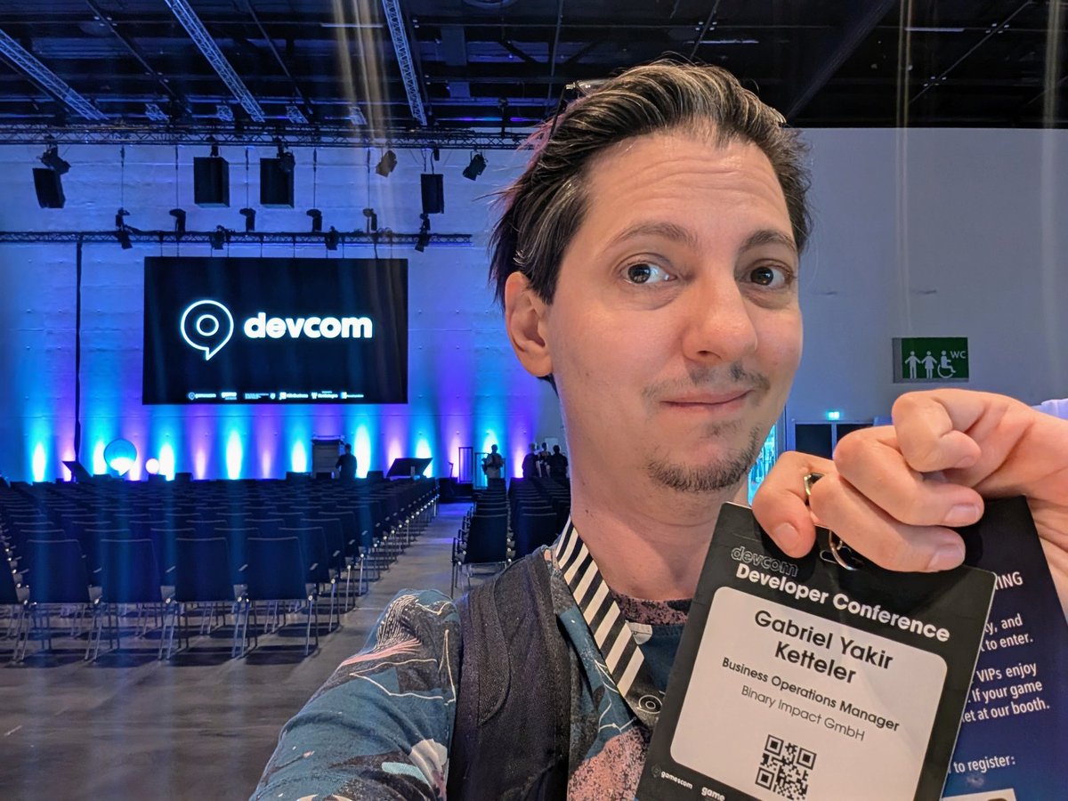 Picked up my badge at #dcc2024 and I am more excited about it than I look xD I tried to do an eyebrow wiggle, but... #gamedev is hard and I was working on the game until 2 am. 

Looking forward to meeting y'all my lovelies - and take better selfies with you.😘