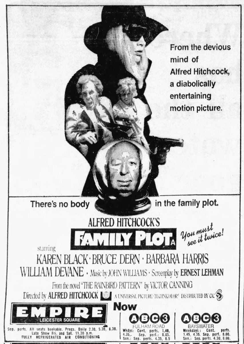 Mag1cH0ur's tweet image. On this day, August 19th, 1976, Alfred Hitchcock's FAMILY PLOT opened in London..