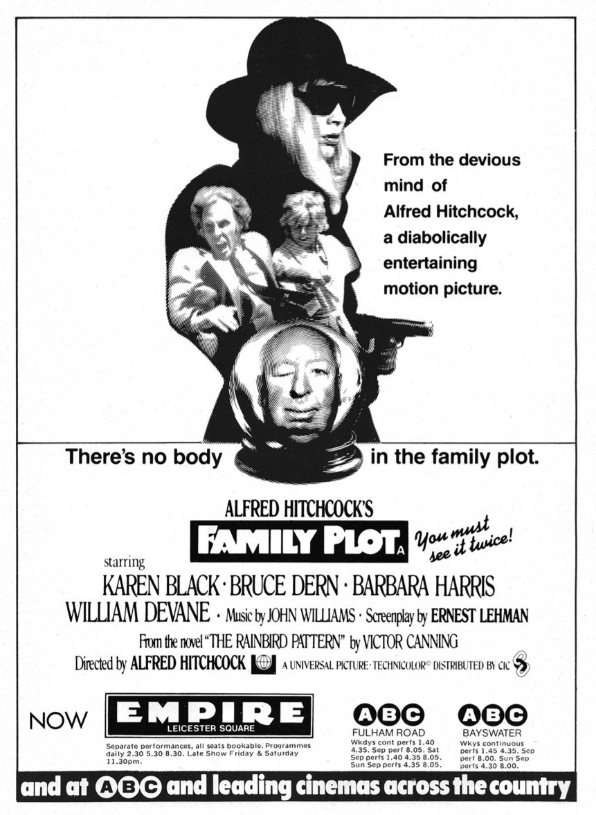 Mag1cH0ur's tweet image. On this day, August 19th, 1976, Alfred Hitchcock's FAMILY PLOT opened in London..